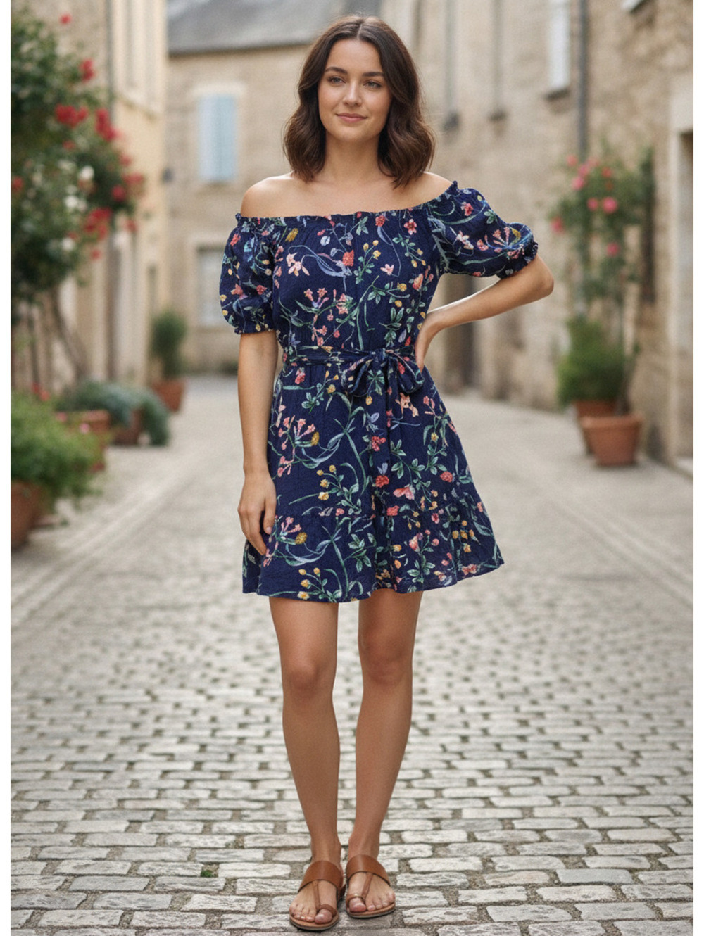 Slate & Willow Navy Floral Off-Shoulder Puff Sleeve Dress, S